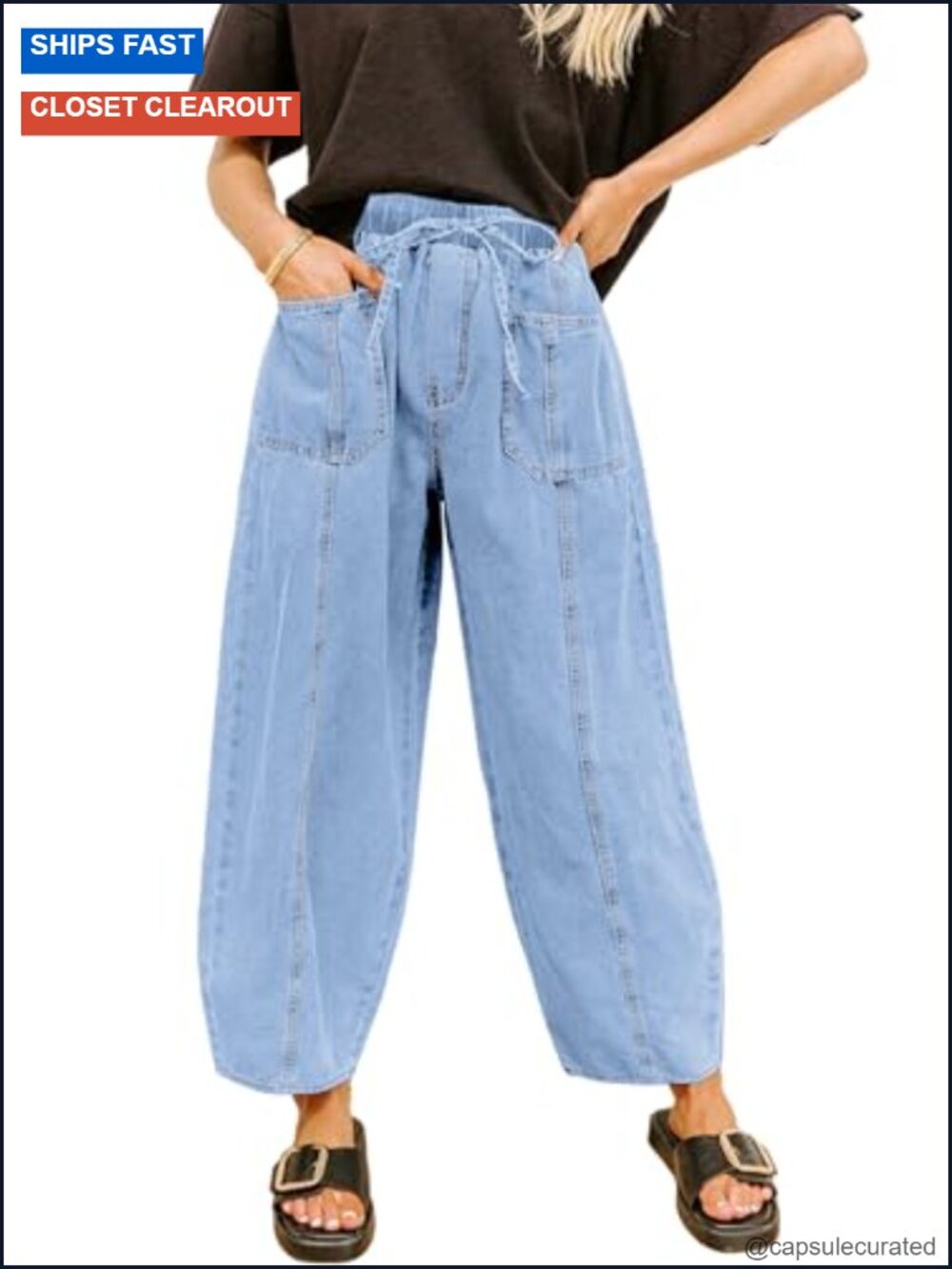 High Waisted Barrel Jeans Drawstring Baggy Denim Pants Ankle Stretch Patch